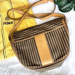 FENDI Vintage Purse Crossbody Pequin Striped Bag Genuine Real Black Tan